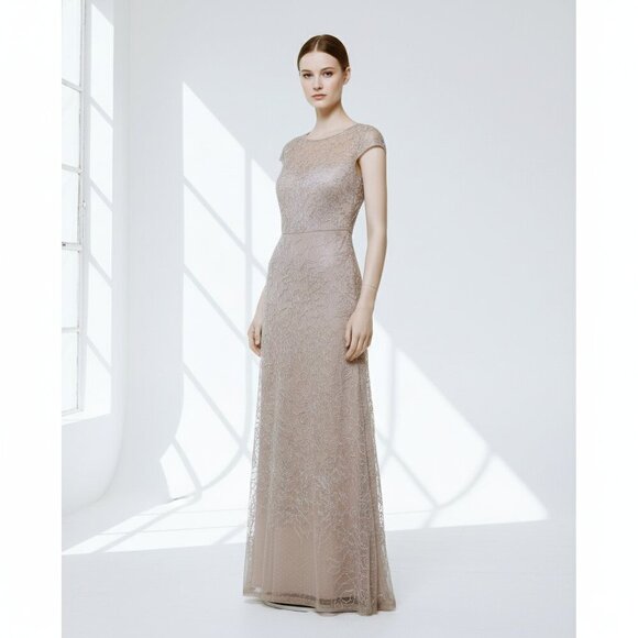 NWT JS Collections Formal A-Line Embroidered Sheer Evening Maxi Gown Tan Women 2 - Picture 1 of 16